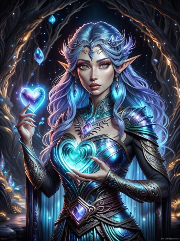 Woman Conjuring Glowing Love Heart in Metallic Tones