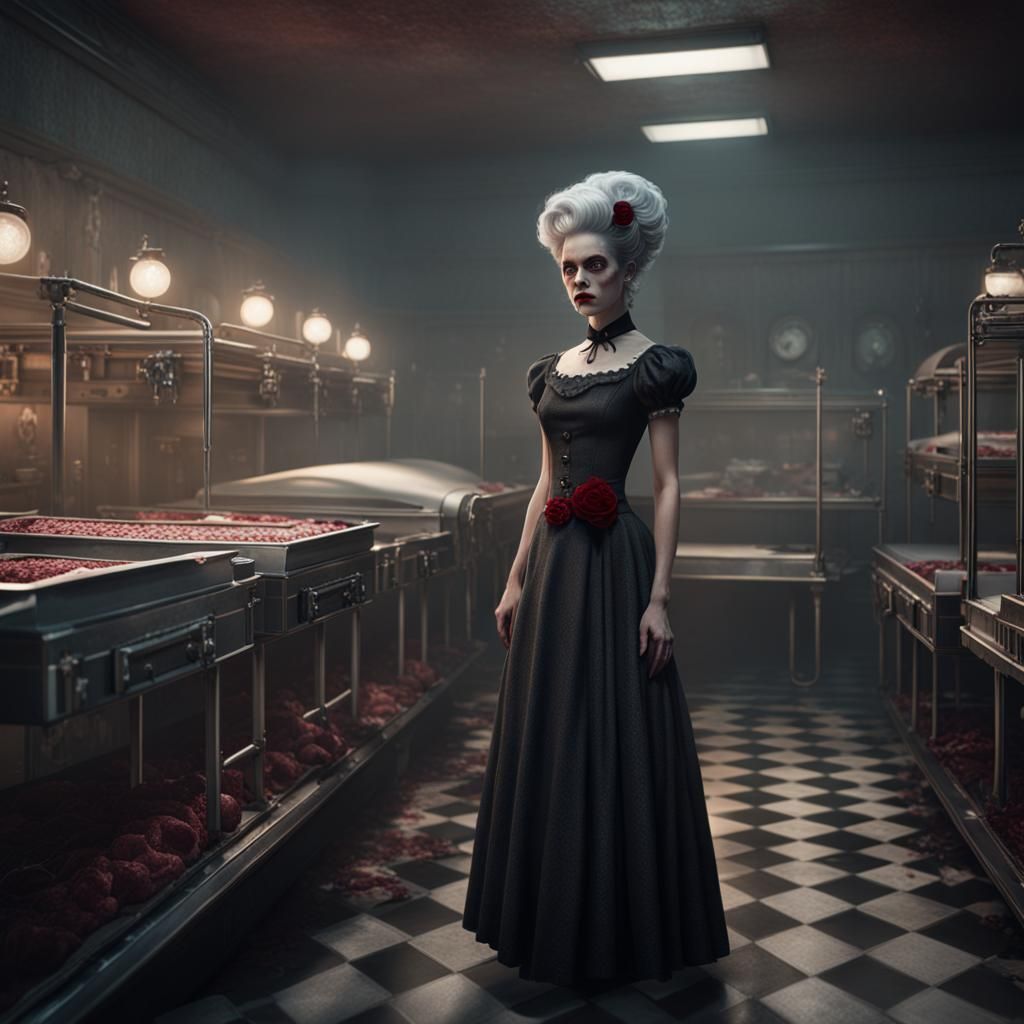 Gothic Rockabilly Woman with Ruby Eyes in Morgue
