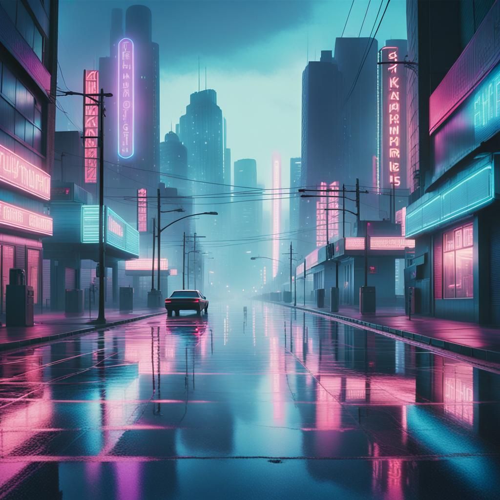 Retrofuturistic Cityscape at Dusk with Neon Lights