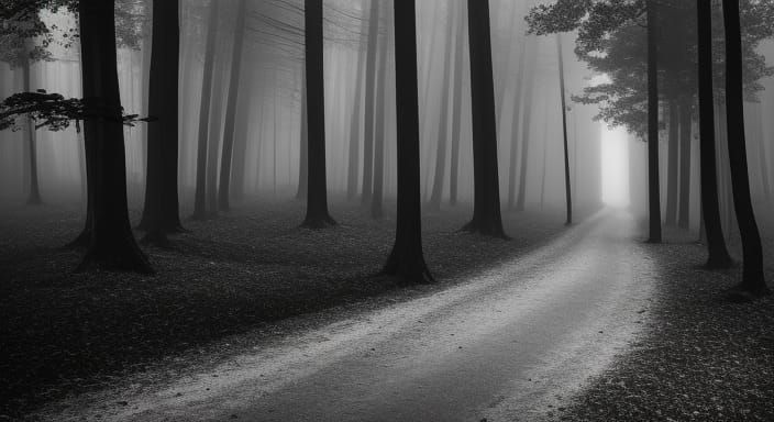 Mysterious Forest Path: Black and White Landscape Photograph...