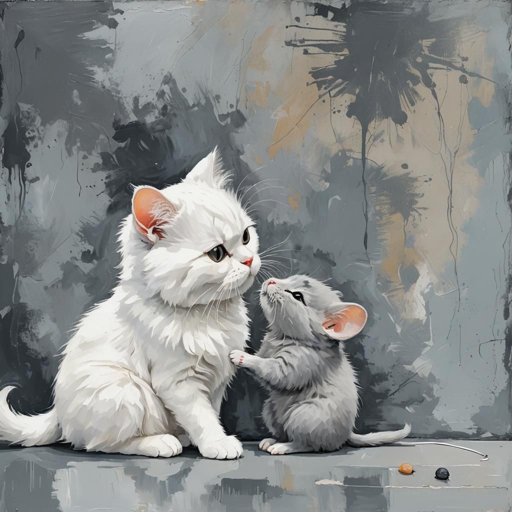 Cat and Mouse Kiss in Abstract Art
