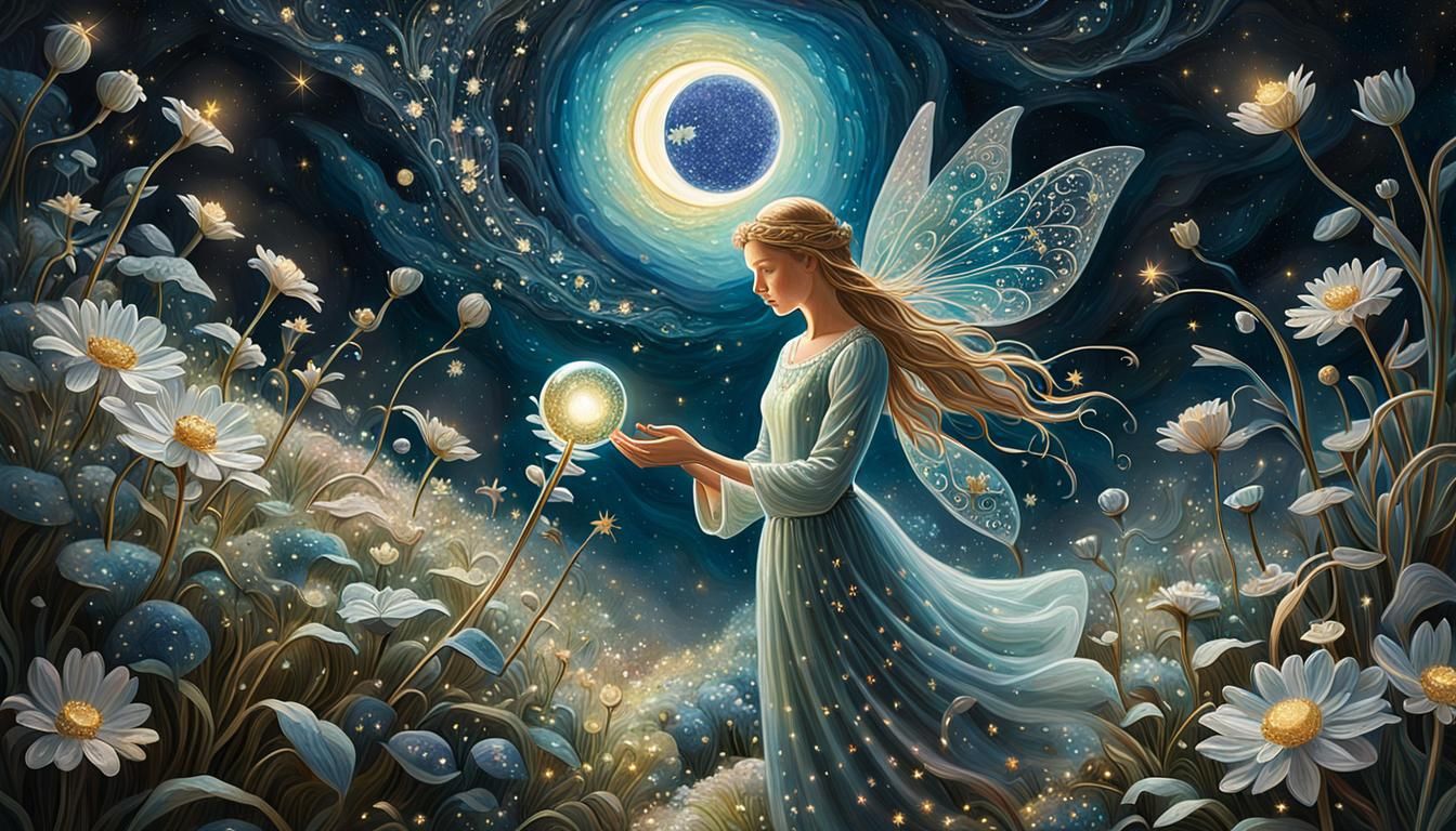 Moonlight Gardener Touches a Glowing Orb as Impasto Painting