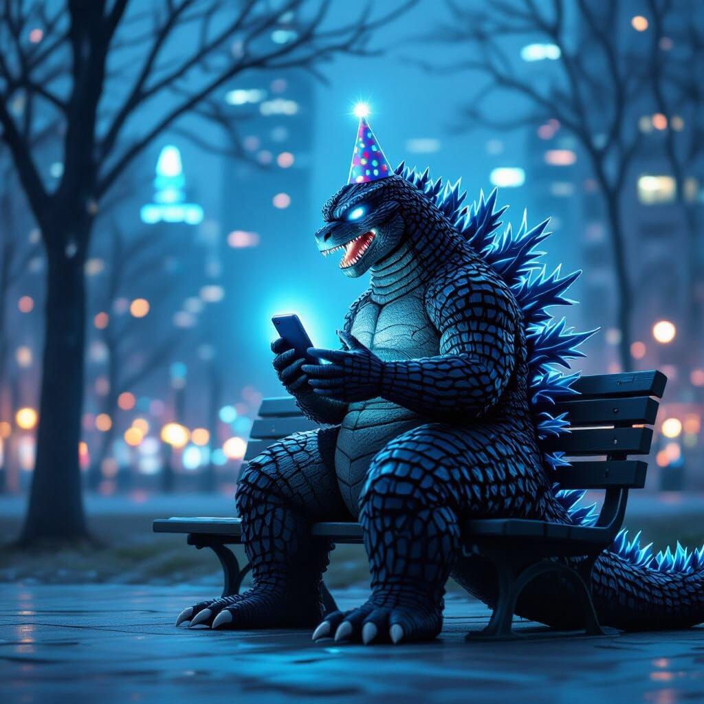 Godzilla with Party Hat Uses Glowing iPhone on Park Bench