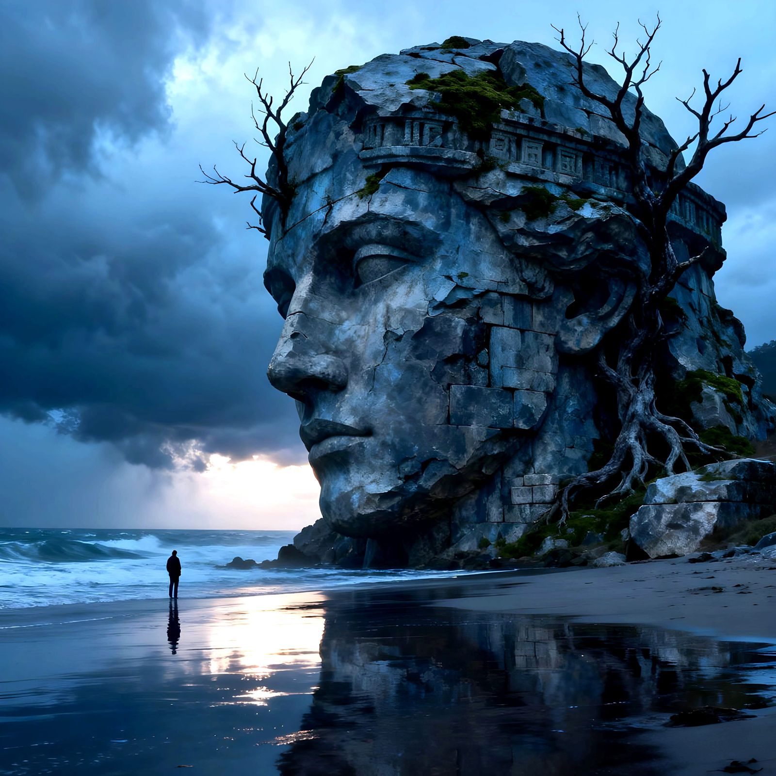 Monumental Surreal Stone Sculpture on Stormy Coast