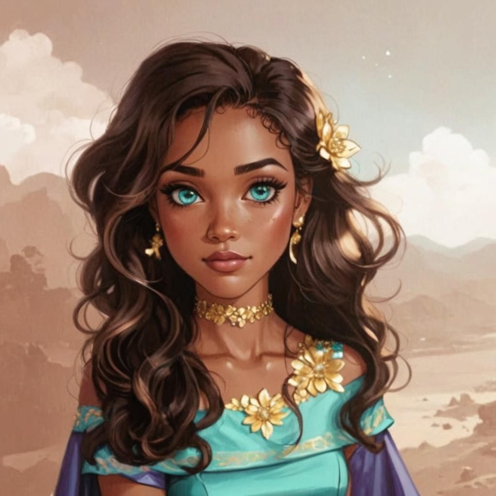 Beautiful Woman in Teal Dress: Digital Cartoon Art