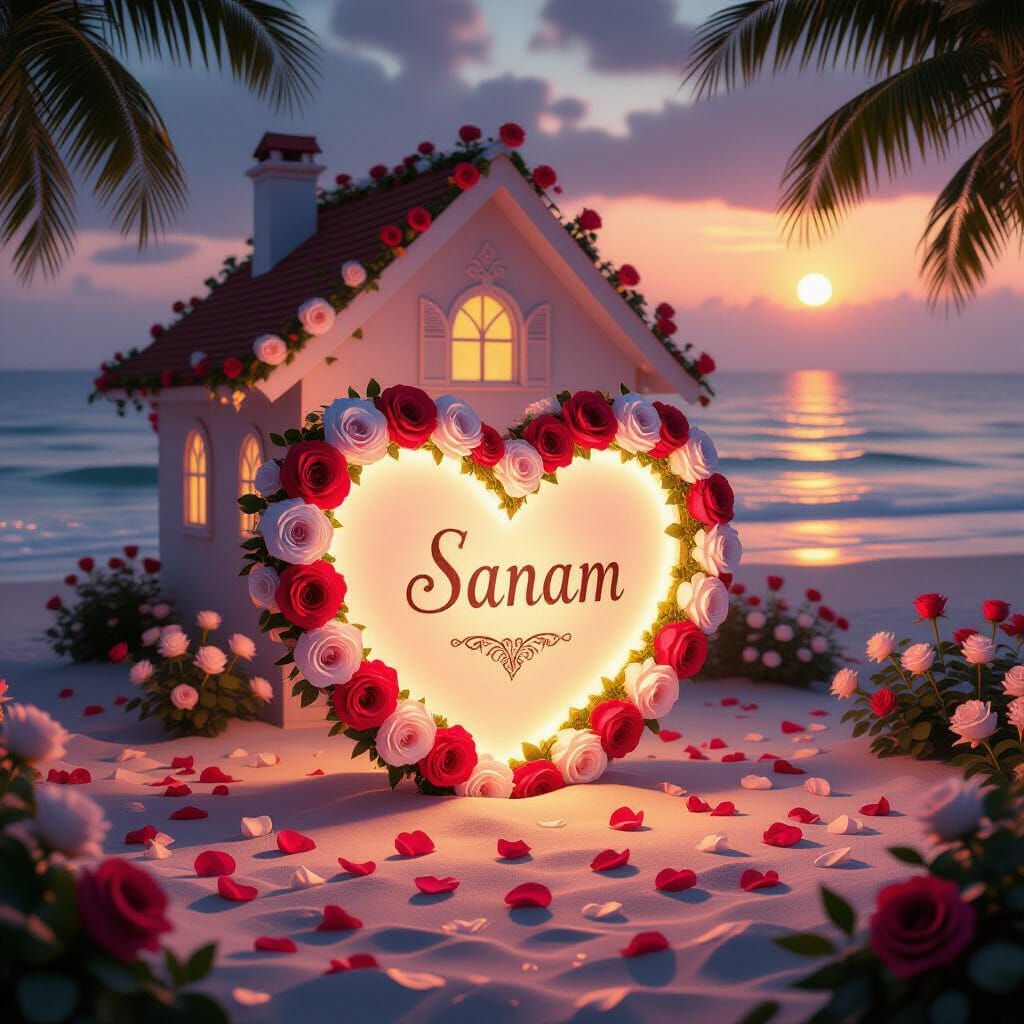 Rose-Themed Beach House at Sunset with Heart Light
