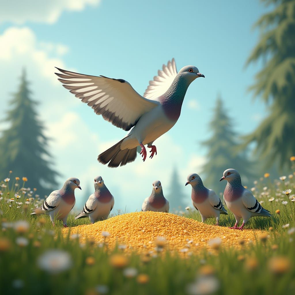 Vibrant Pigeons Discover Golden Grains in a Cinematic Forest...