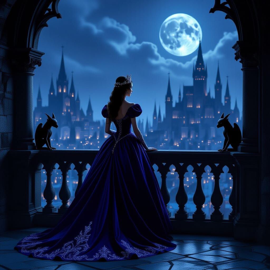 Princess in Violet Gown on Balcony Overlooking Gothic City