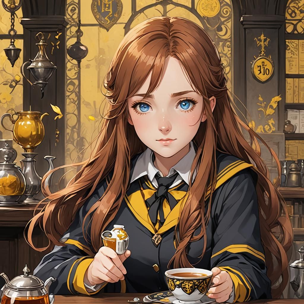 Anime Girl in Hufflepuff Uniform Drinking Tea