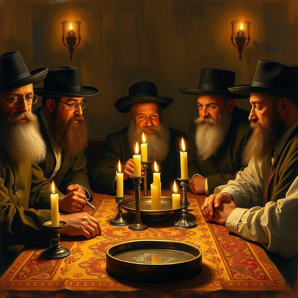 Lithuanian Haredi Family Gathered Around Shabbat Table in Wa...