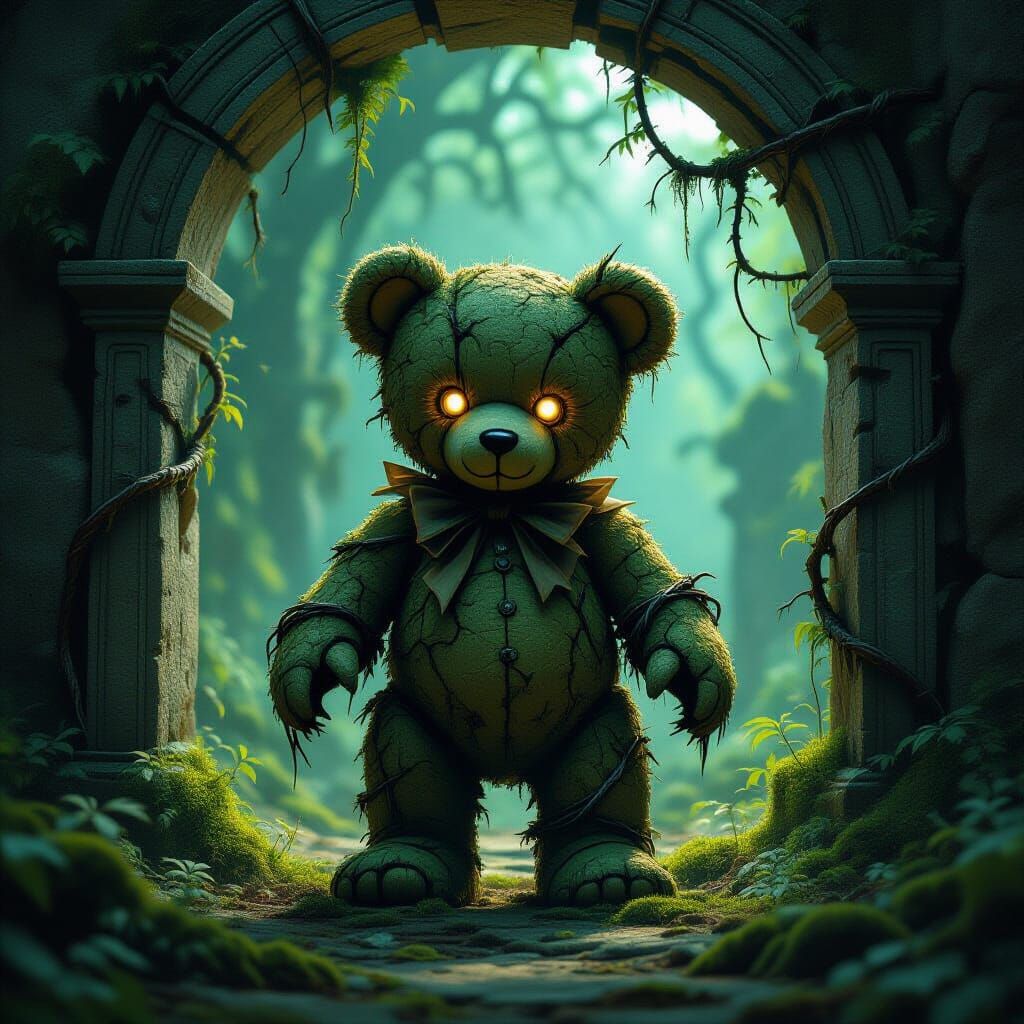 Mossy Teddy Bear Guardian of Dark Magic Portal