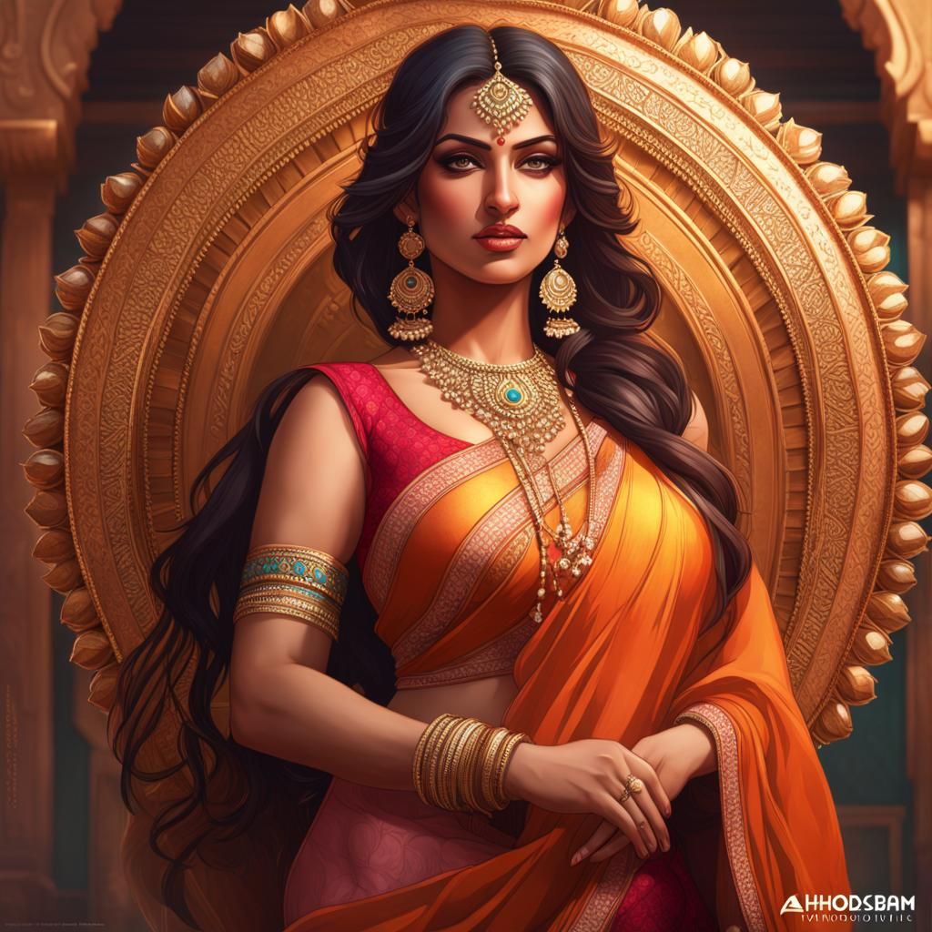 Curvy Indian Woman Portrait in Ornate Bedroom