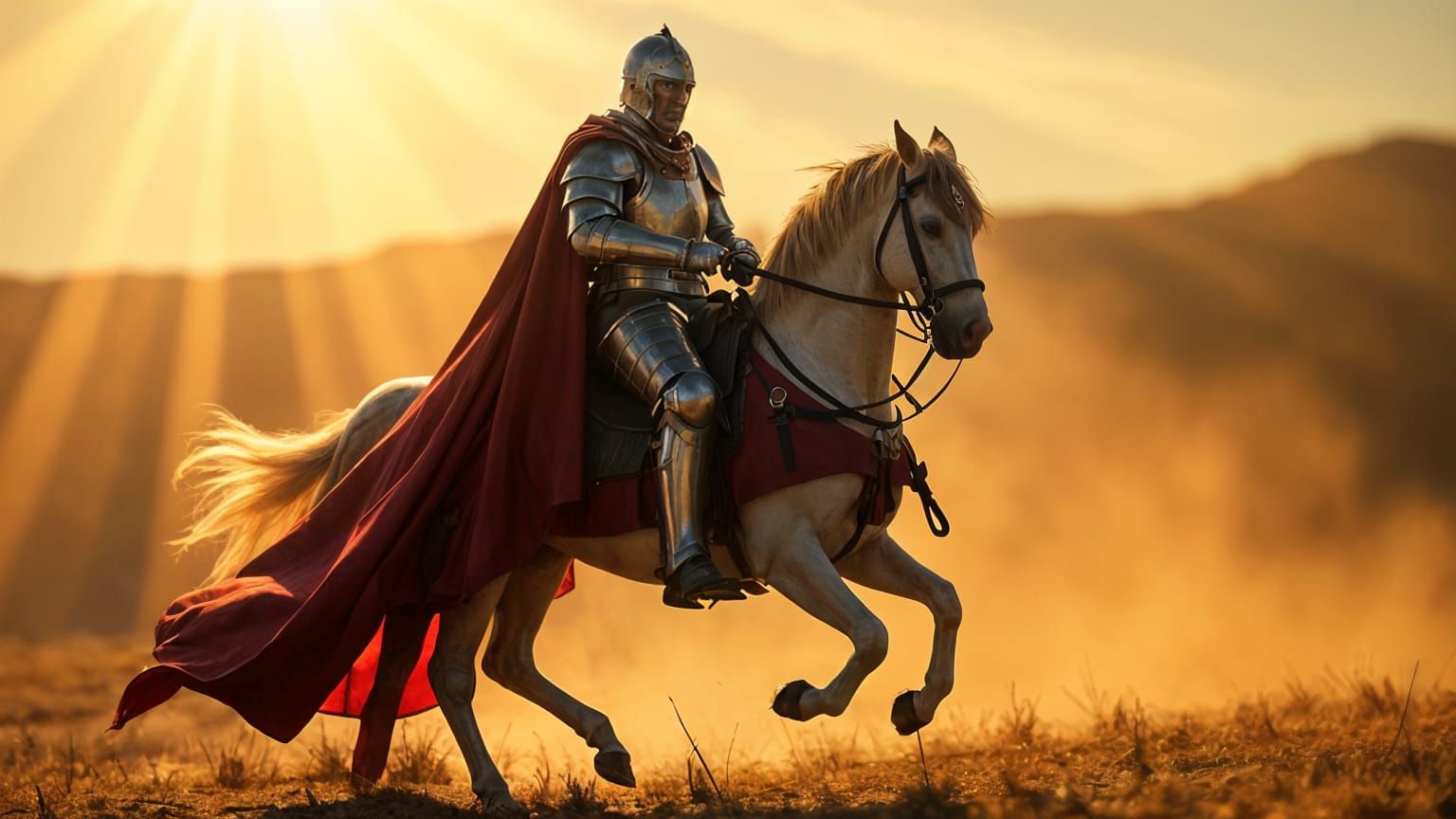 Epic Battle-Worn Knight on Galloping Horse