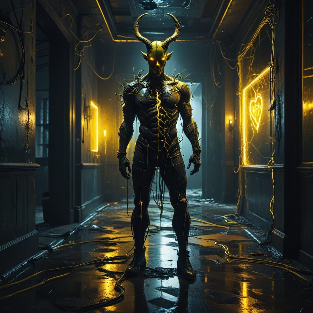 Cyberpunk Gatekeeper with Wire Horns and Oozing Heart