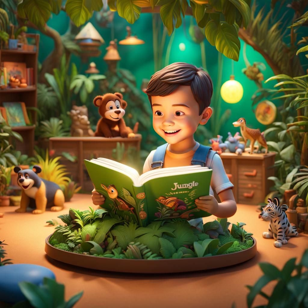 Boy Reads Jungle Pop-Up Book: 3D Digital Art