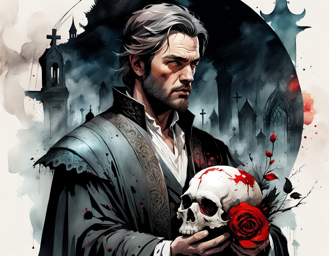 Graveyard Scene: Man Holds Skull, Watercolor Style