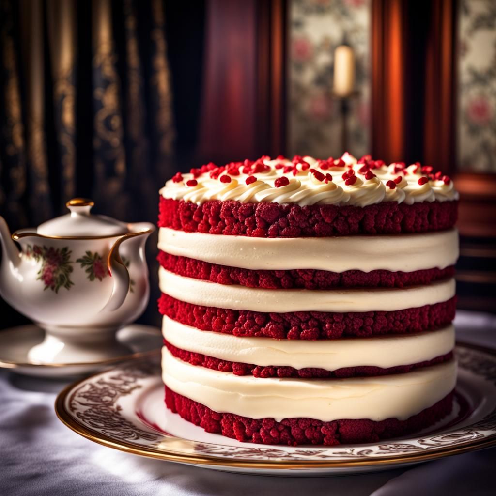 Red Velvet Cheesecake on Antique China Plate