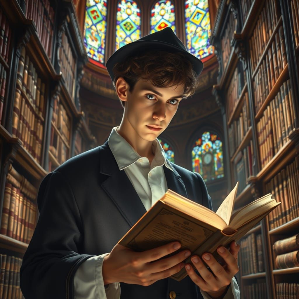 Jewish Scholar Studying in Ornate Library