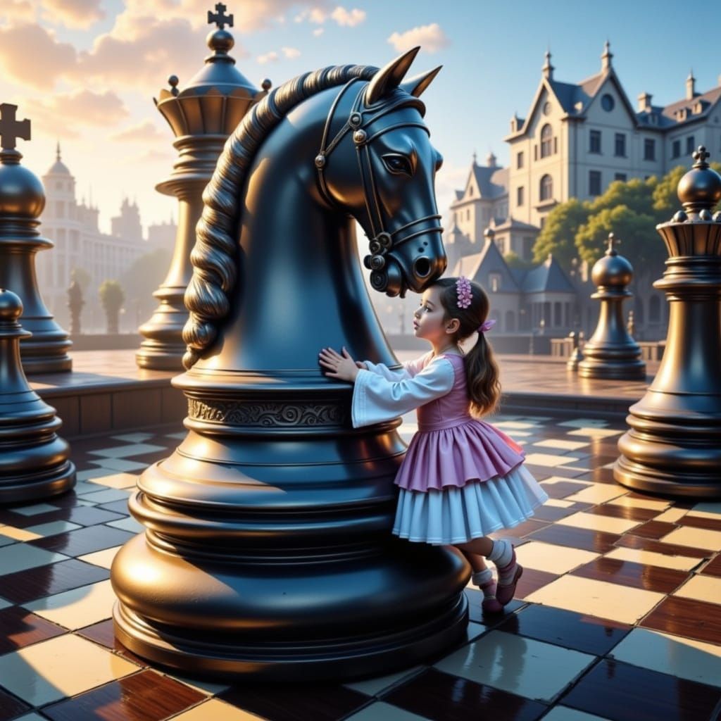 Girl Hugs Giant Chess Piece in Whimsical Style