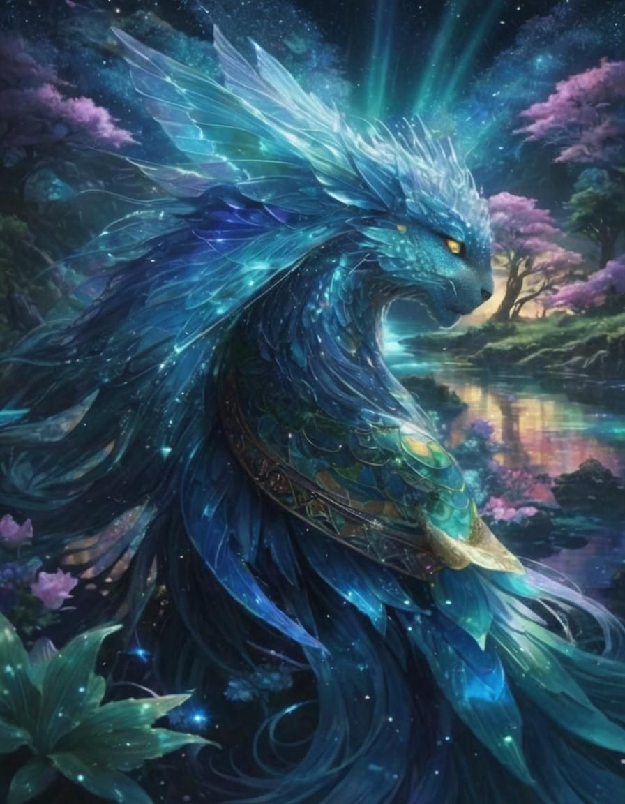 Enchanting Anime Water Creature in Iridescent Stained Glass ...