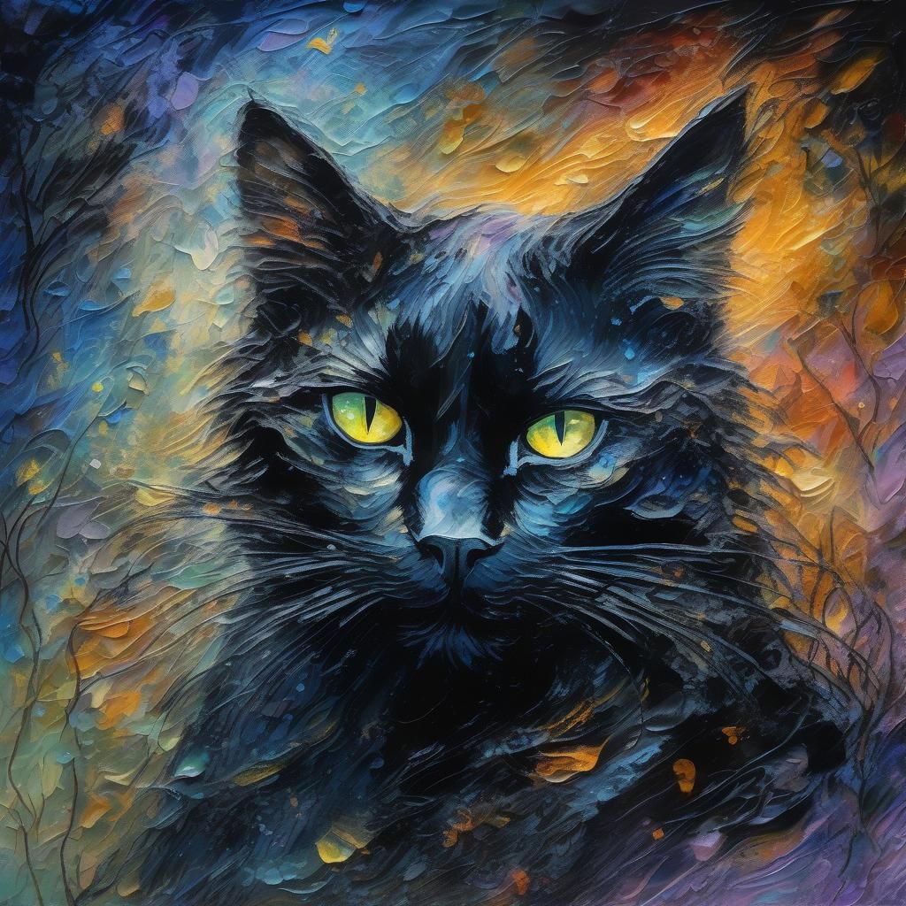 Textural Black Cat Miracle in Impasto Style