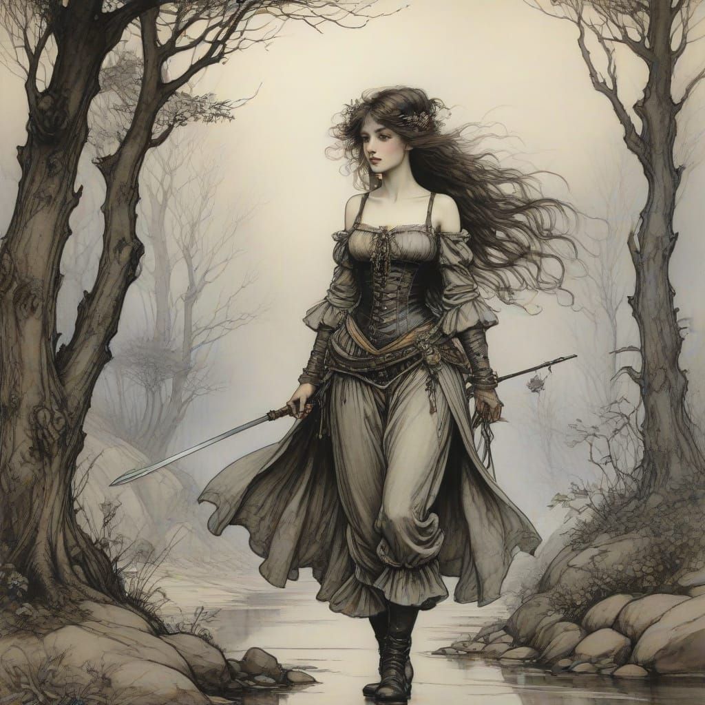 Whimsical Fairytale Scene in Arthur Rackham Style