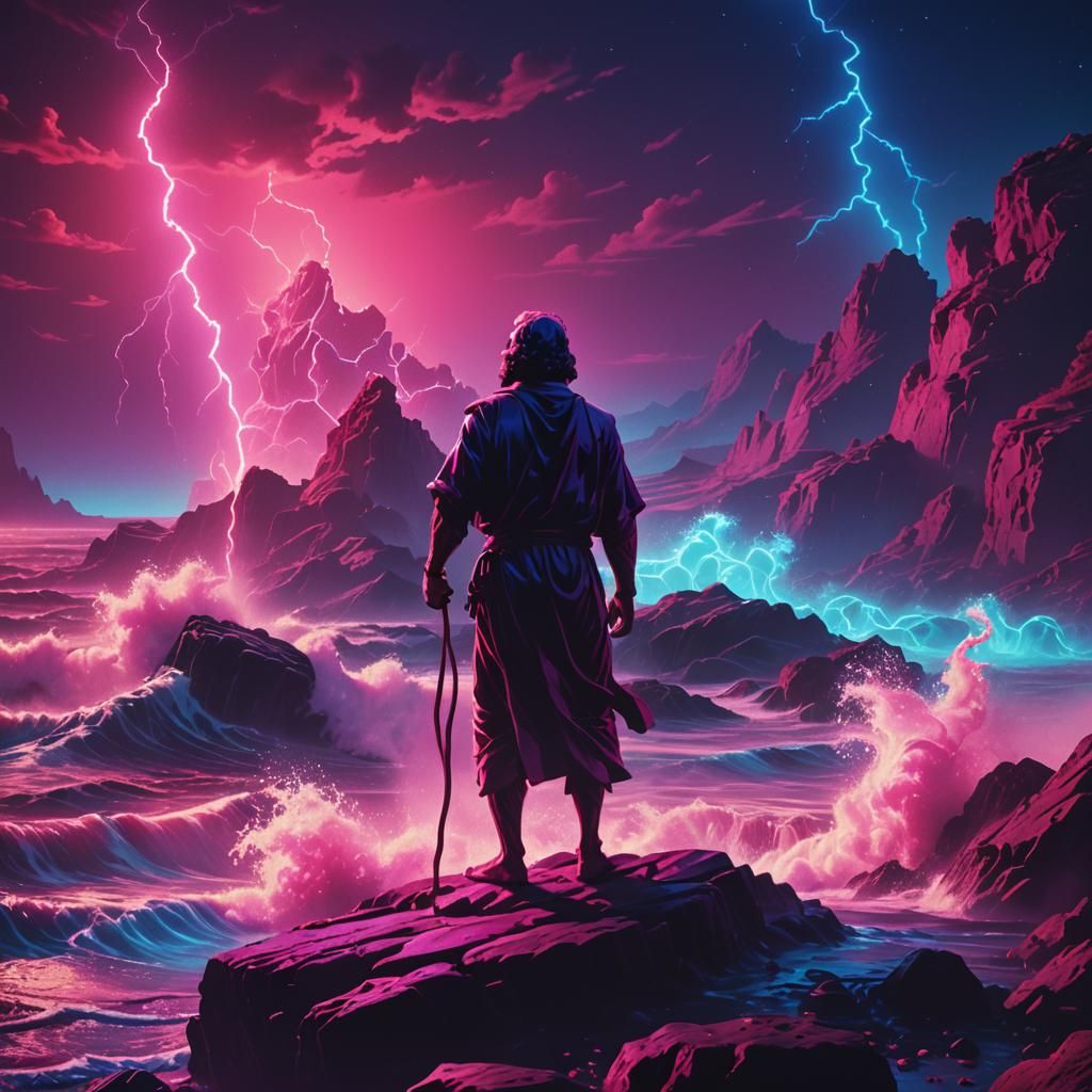 Moses Parting Red Sea in Synthwave Neon