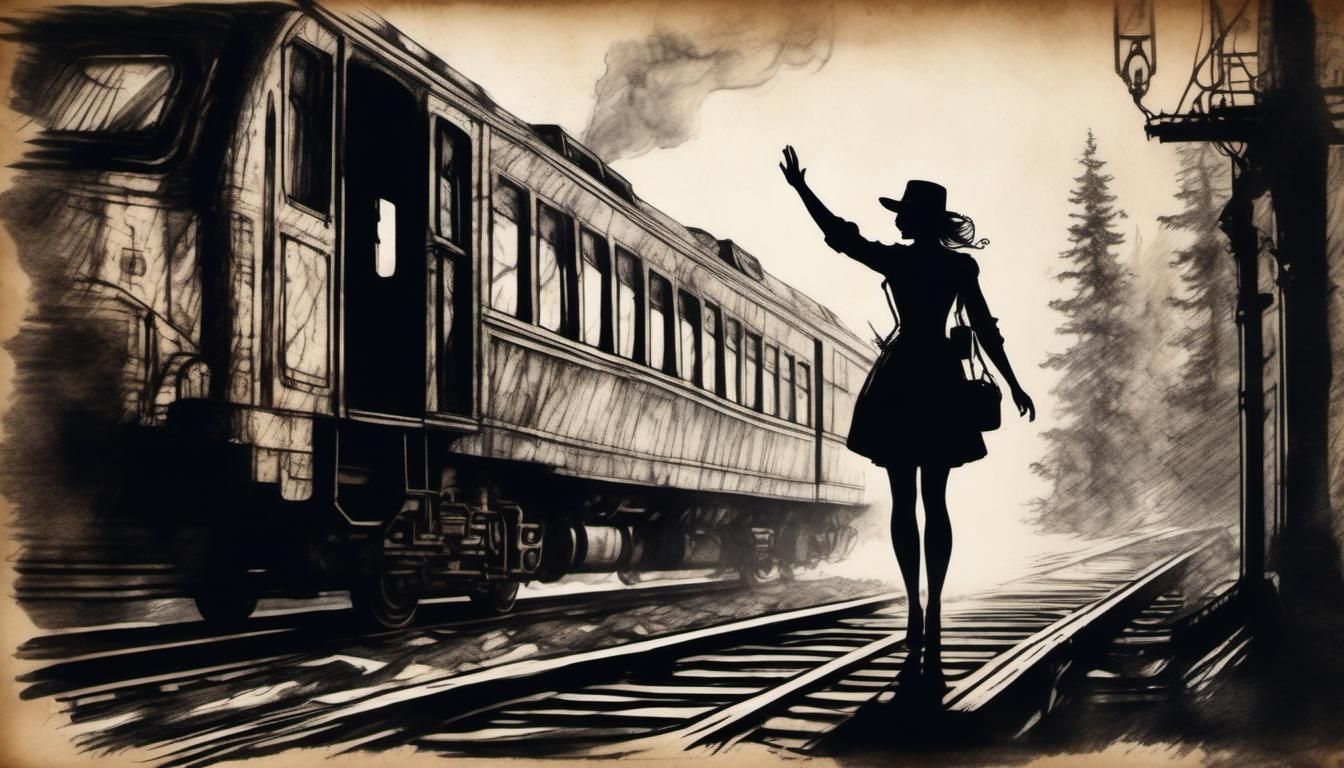 Girl Waving at Train: Charcoal Steampunk Art