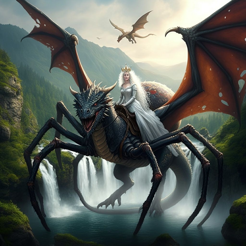 Giant Spider-Dragon Hybrid with Rider and Waterfalls