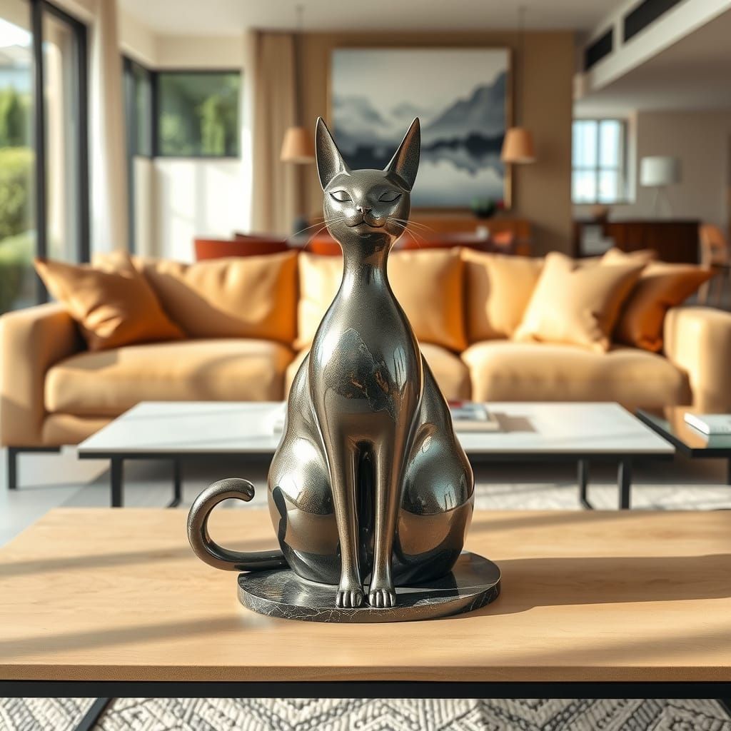 Hematite Cat Sculpture in Living Room, Contemporary Art