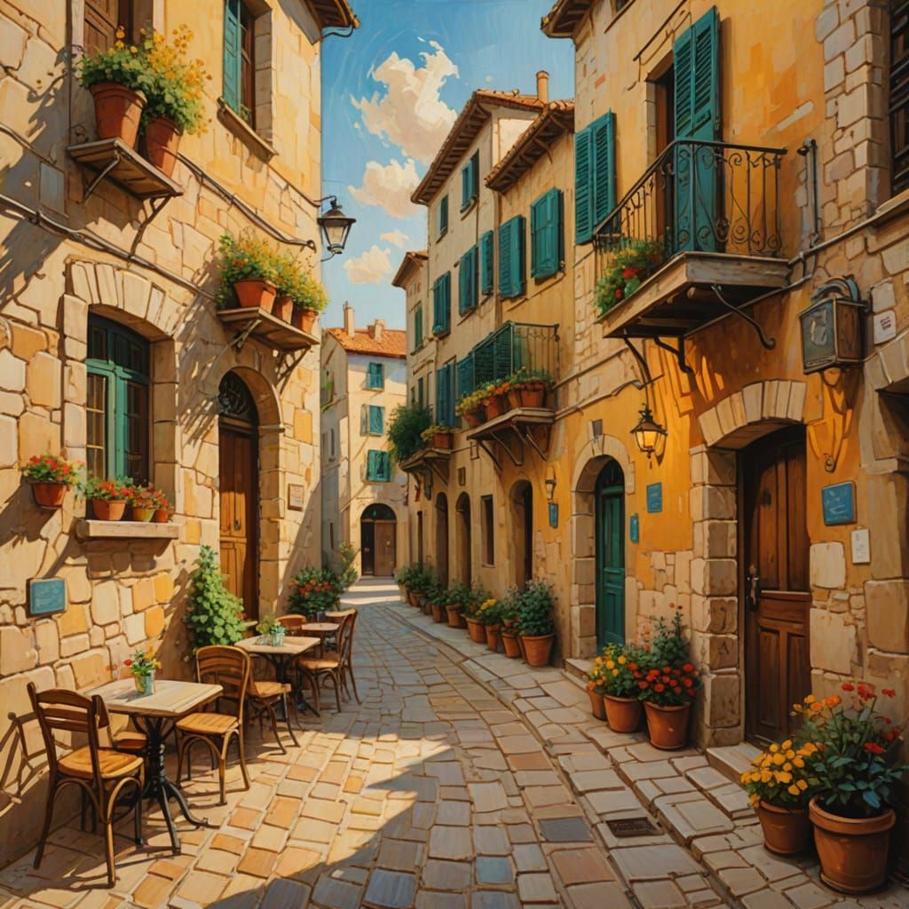 Mediterranean Alleyway Oil Painting in Impressionist Style