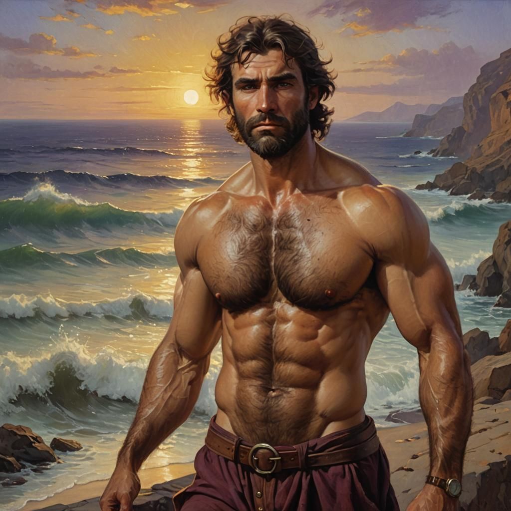 Hirsute Man at Sunrise: Vintage Oil Painting