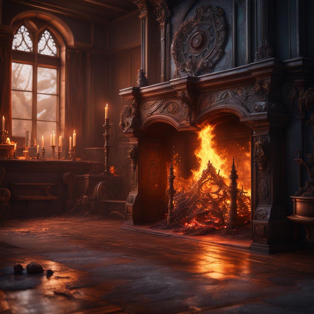 Magical Fireplace: Detailed Matte Painting in Fantasy Style