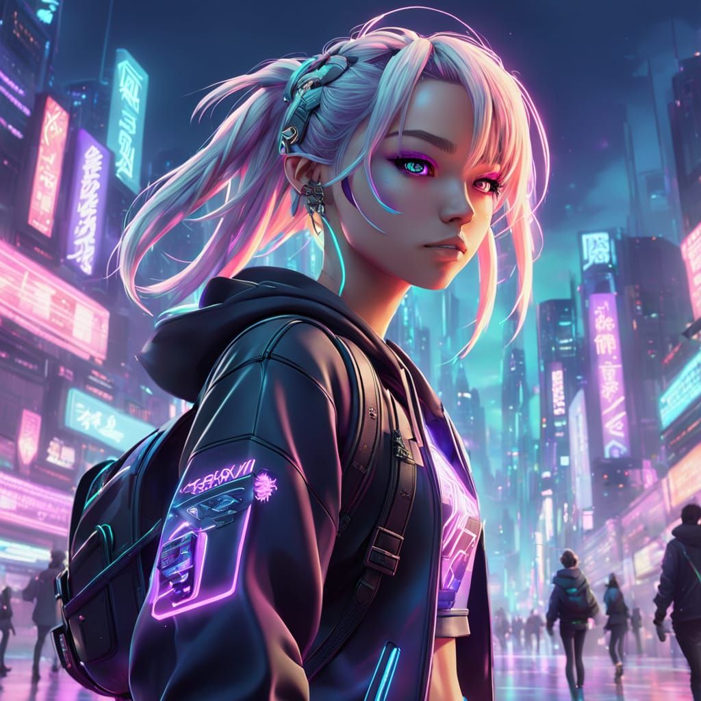 Skater Girl in Neon Cyberpunk Anime City