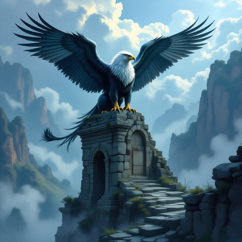 Majestic Griffin Surveys Misty Valley Atop Ancient Ruins