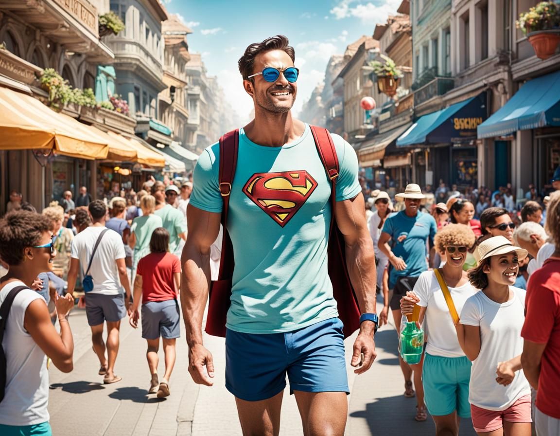 Superman finally taking a well-deserved vacation, wearing simple T-shirt and shorts, blending in with the crowd and enjo...