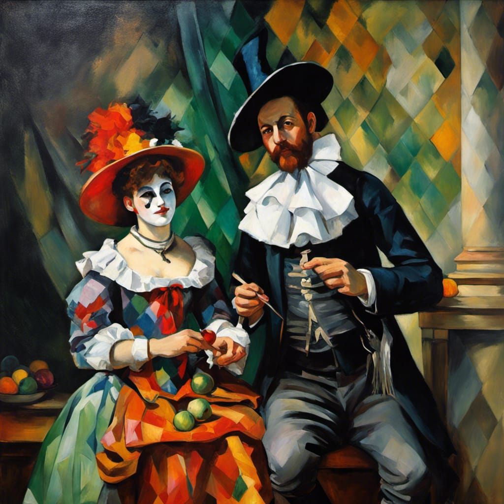 Pierrot and Harlequin: Impressionist Oil Painting