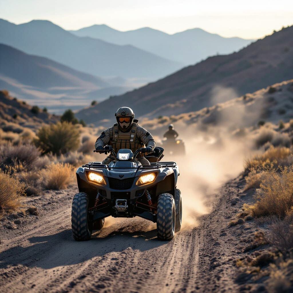 US Marine Patrols Snowy Mountains on ATV at Dawn