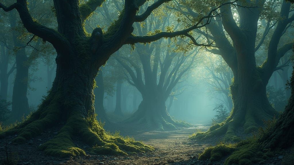 Mystical Forest with Glowing Moss, Digital Painting