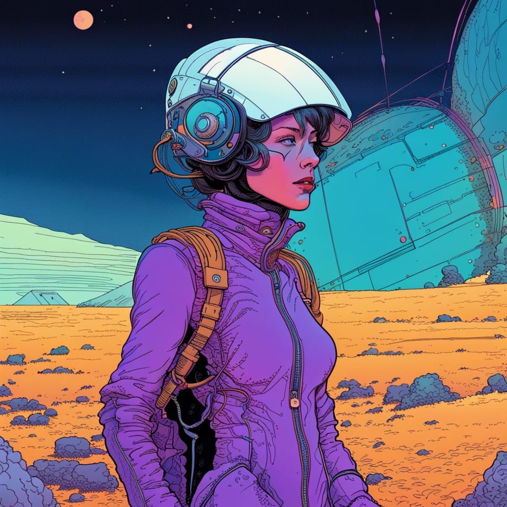 Cyberpunk Pilot in Ultraviolet Grasslands, Moebius Style
