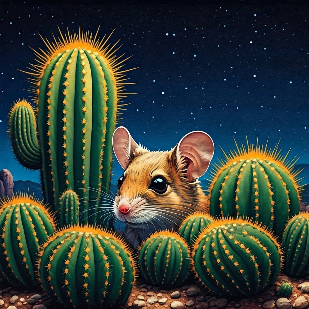Desert Mouse Portrait in Starlit Cactus Scene