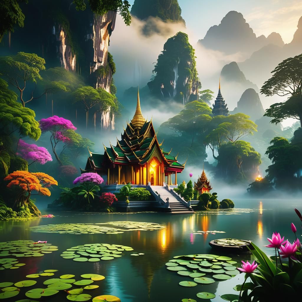 Serene Thai Temple Floating in Dreamy Landscape