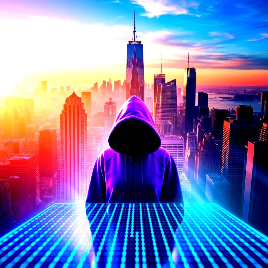 Dawn Cityscape Reveals Hooded Figure in Holographic Haze