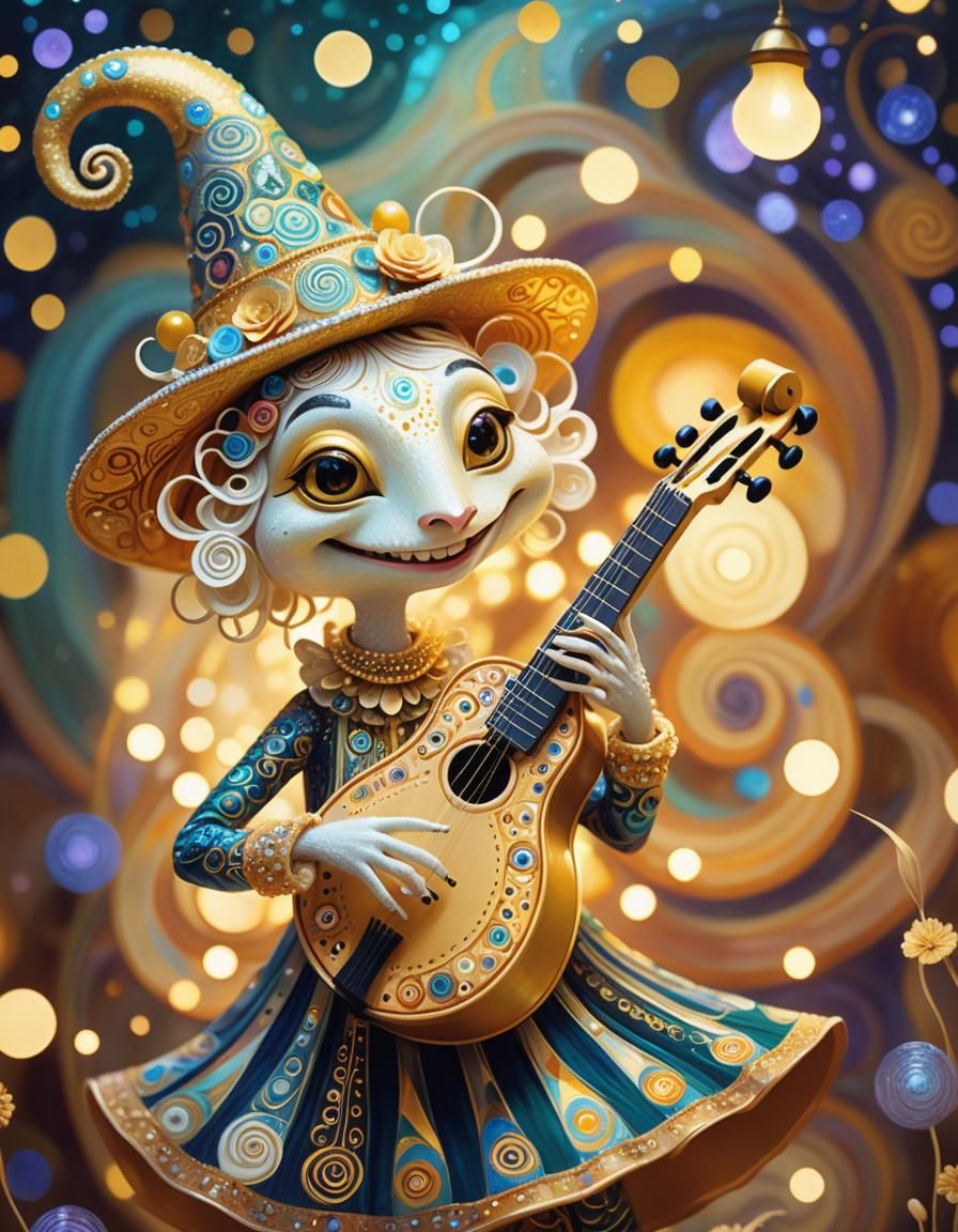 Whimsical Fantasy Creature Plays Klimt-Inspired Instrument