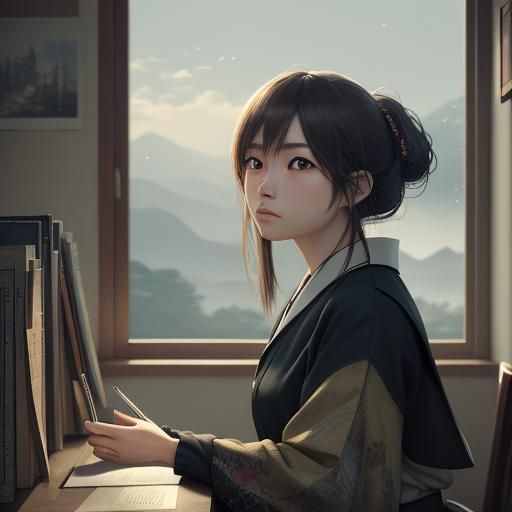 Anime Schoolgirl Surrounded by Books in 3D