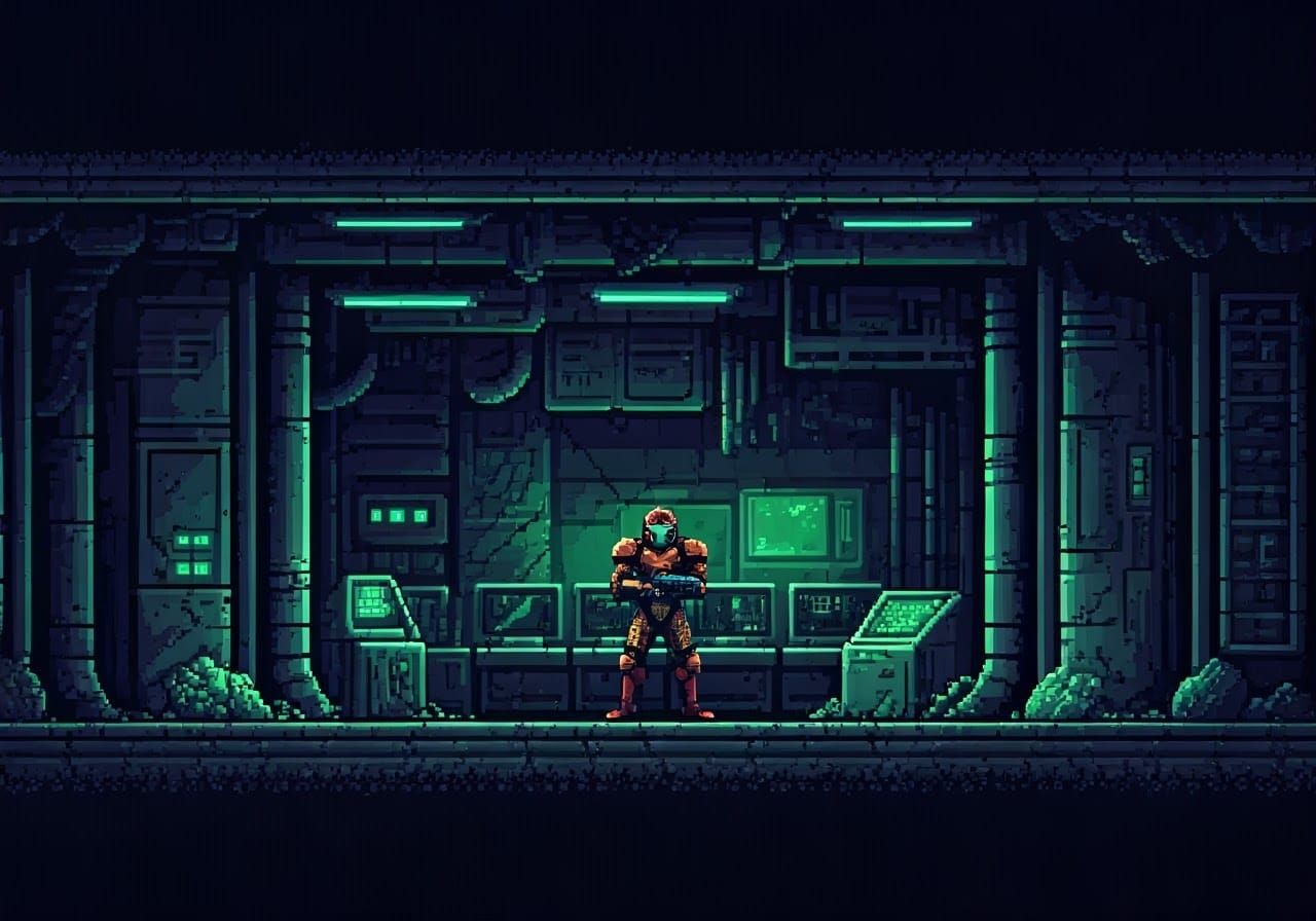 Futuristic Bounty Hunter in Abandoned Space Station Pixel Ar...