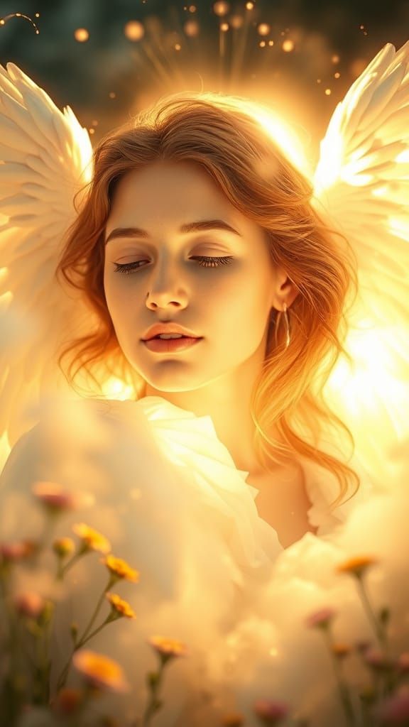 Radiant Angel in Heavenly Garden, Surrealist Style