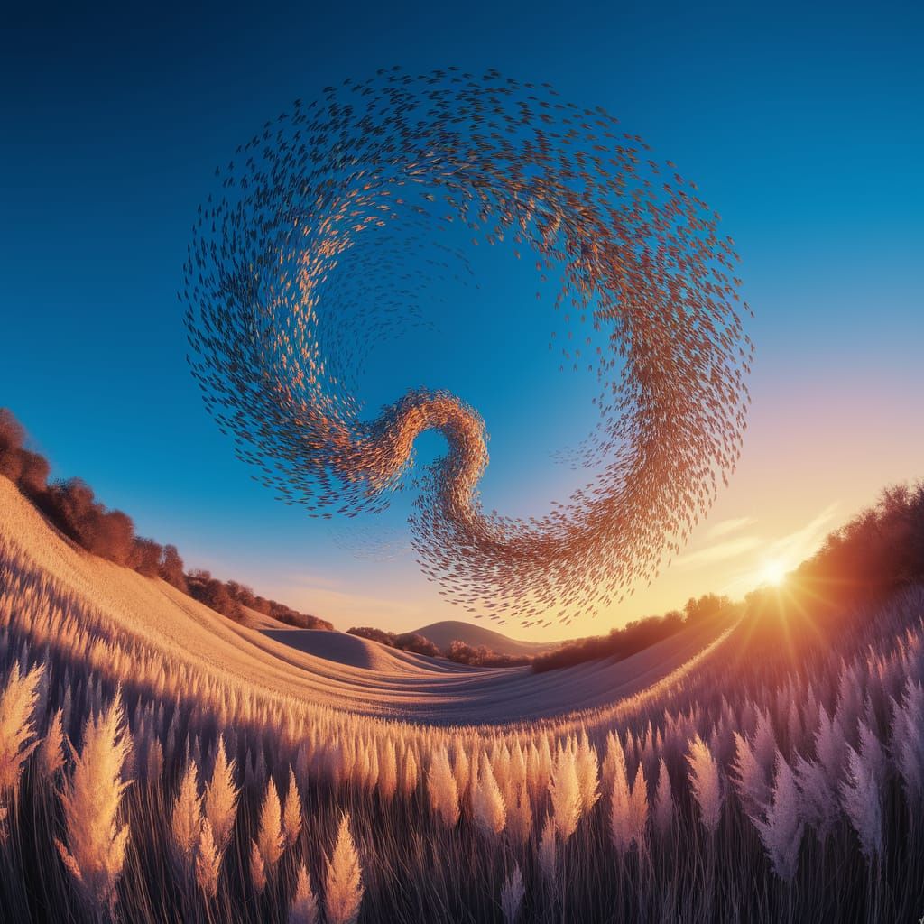 Starling Murmuration Ascending into Blue Sky