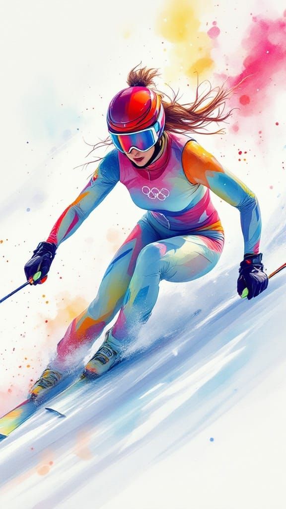 Glamorous Olympic Skier in Dynamic Watercolor Portrait