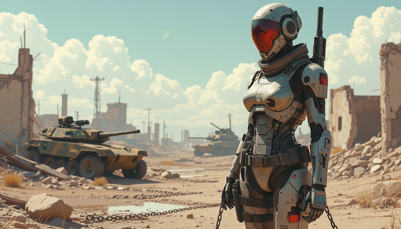 Chained Cyborg Soldier in Post-Apocalyptic Landscape